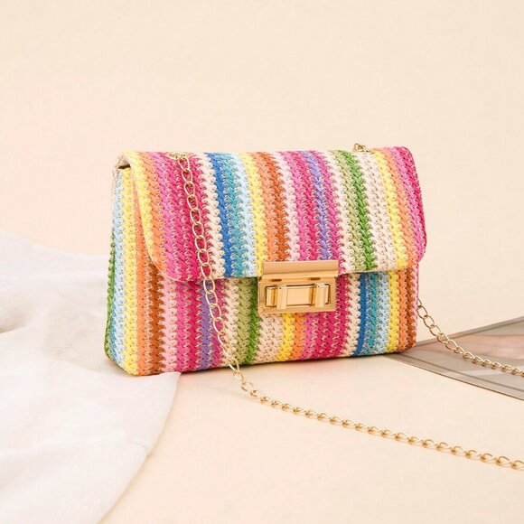 Multicolor Casual Women's Chain Shoulder Bag Small Square Woven Colorful Bag - Picture 1 of 5